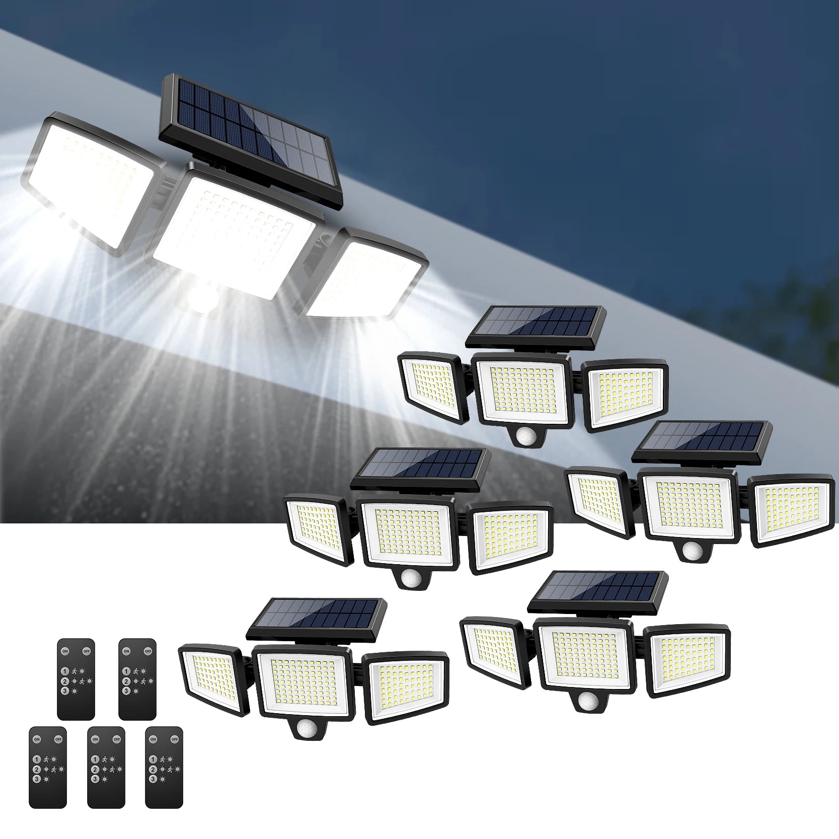 Solar Motion Sensor Security Light Outdoor Waterproof 3 Head LED