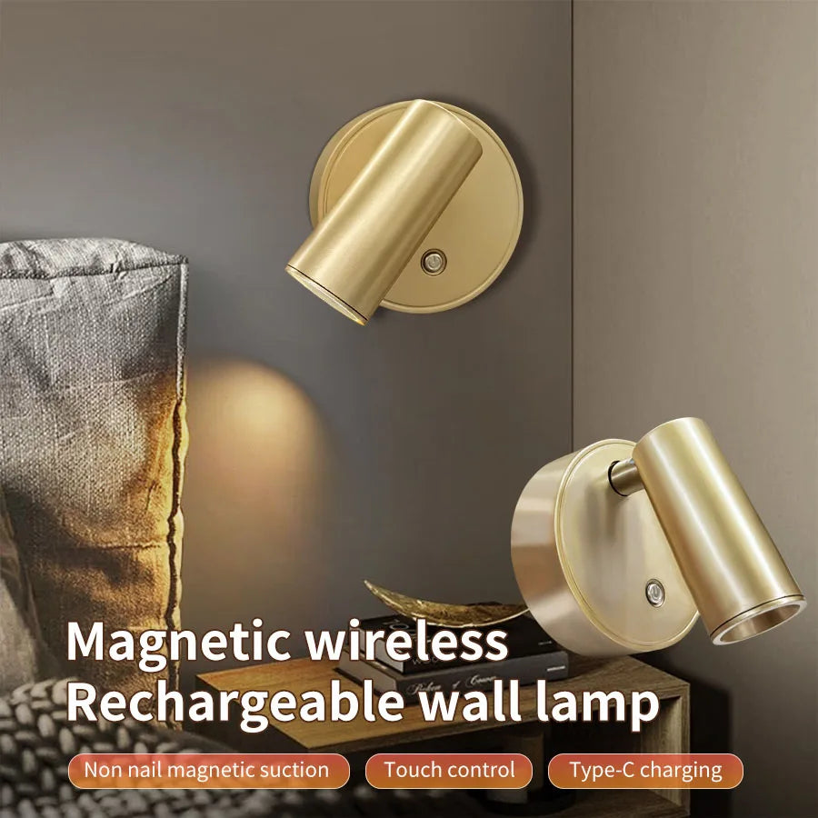 Magnetic rechargeable LED wall light mounted beside a bed with touch control and adjustable brightness.