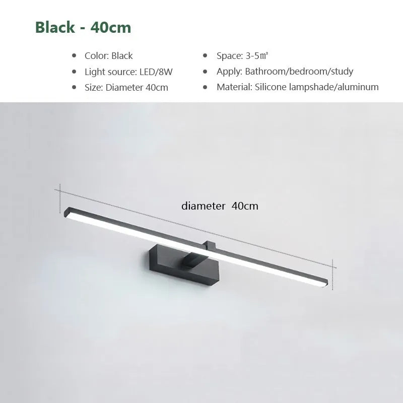 Modern waterproof LED mirror light mounted above a bathroom vanity mirror with bright, even illumination.