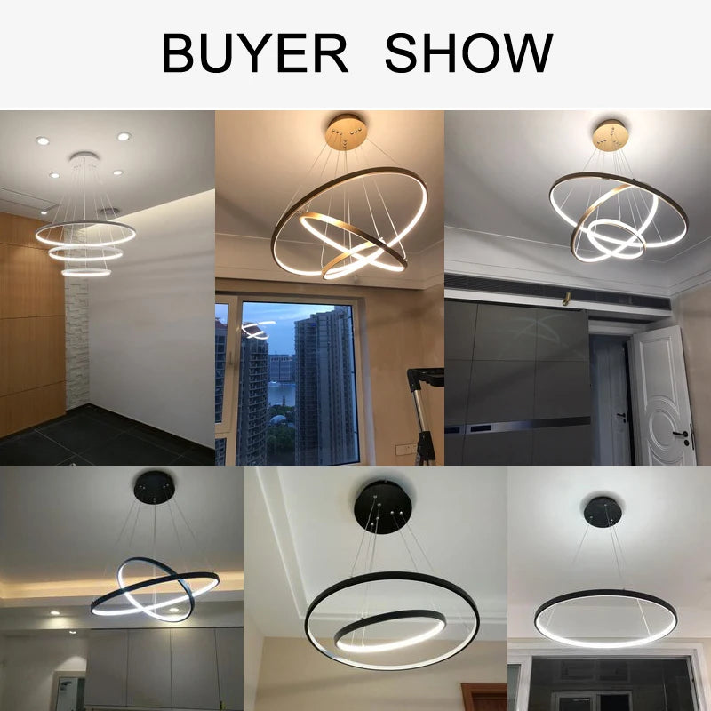 Modern LED ring chandelier suspended above a dining table in a luxury contemporary home.