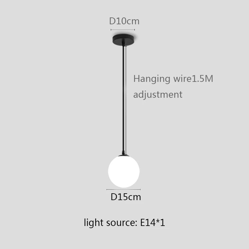 Modern Glass Globe Pendant Light featuring adjustable hanging wire and specifications for size and light source.