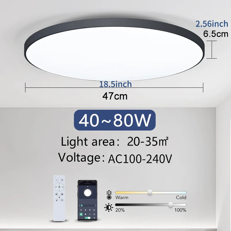 Smart dimmable LED ceiling light with remote control installed in a modern bedroom.