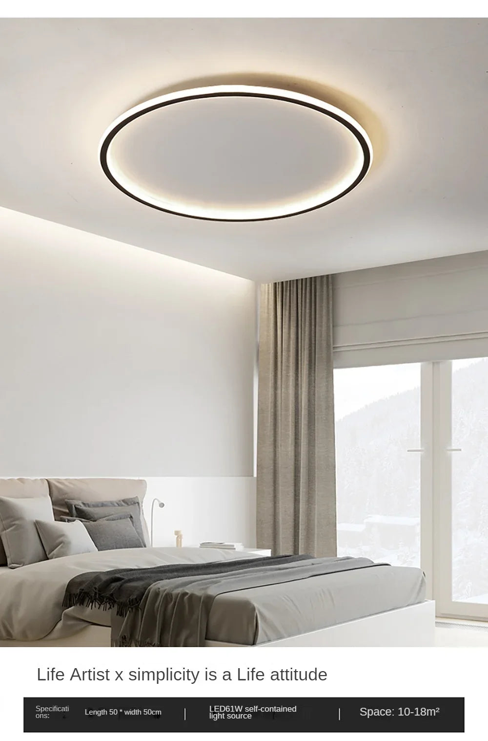 Nordic minimalist LED ceiling light with remote control installed in a modern living room.