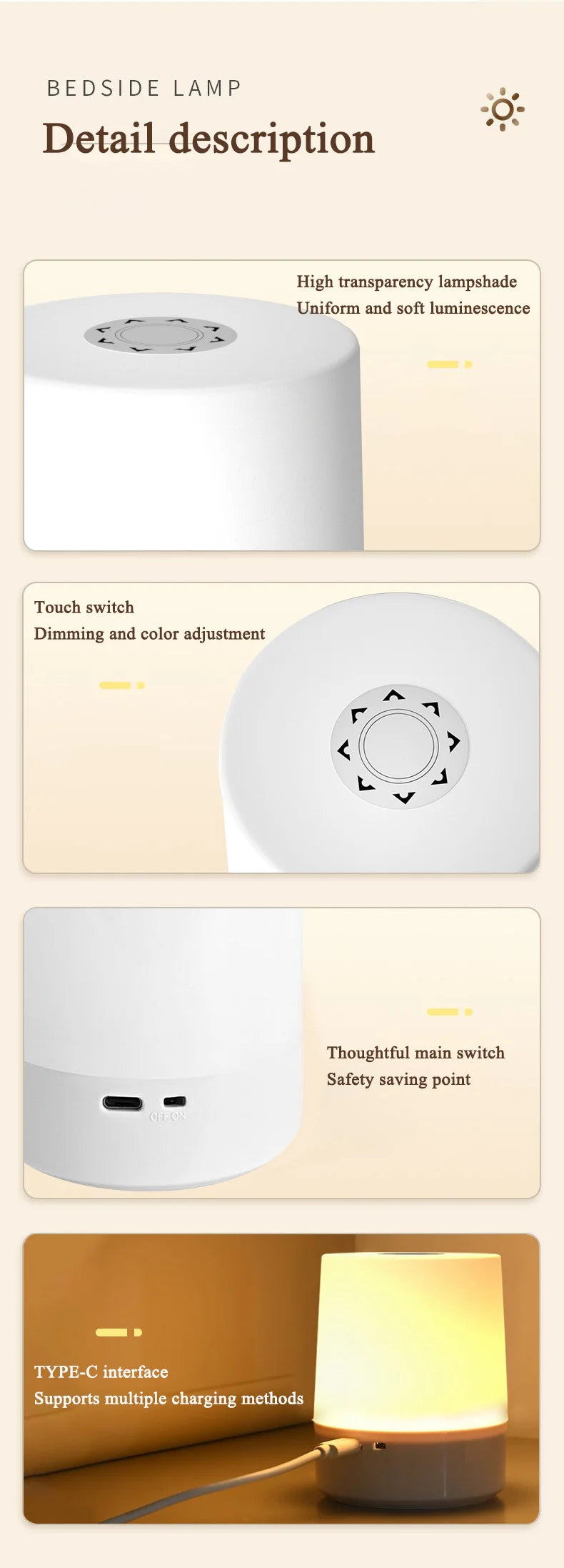 USB Touch Night Lamp LED Rechargeable Bedside Lamp Remote Control