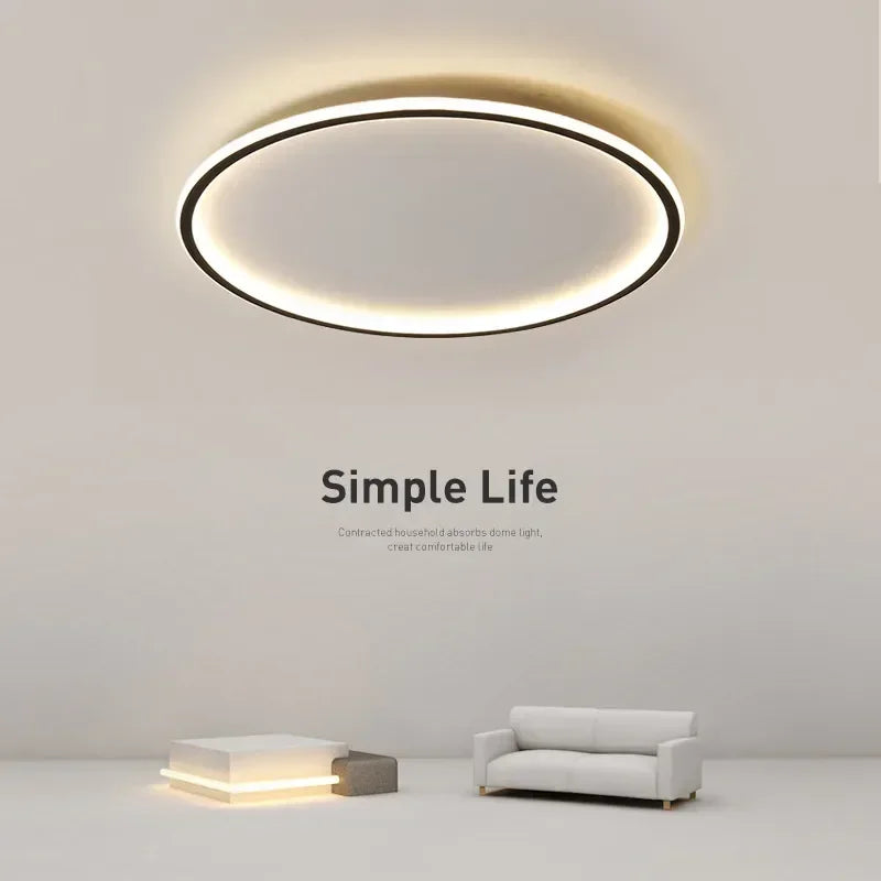 Nordic minimalist LED ceiling light with remote control installed in a modern living room.