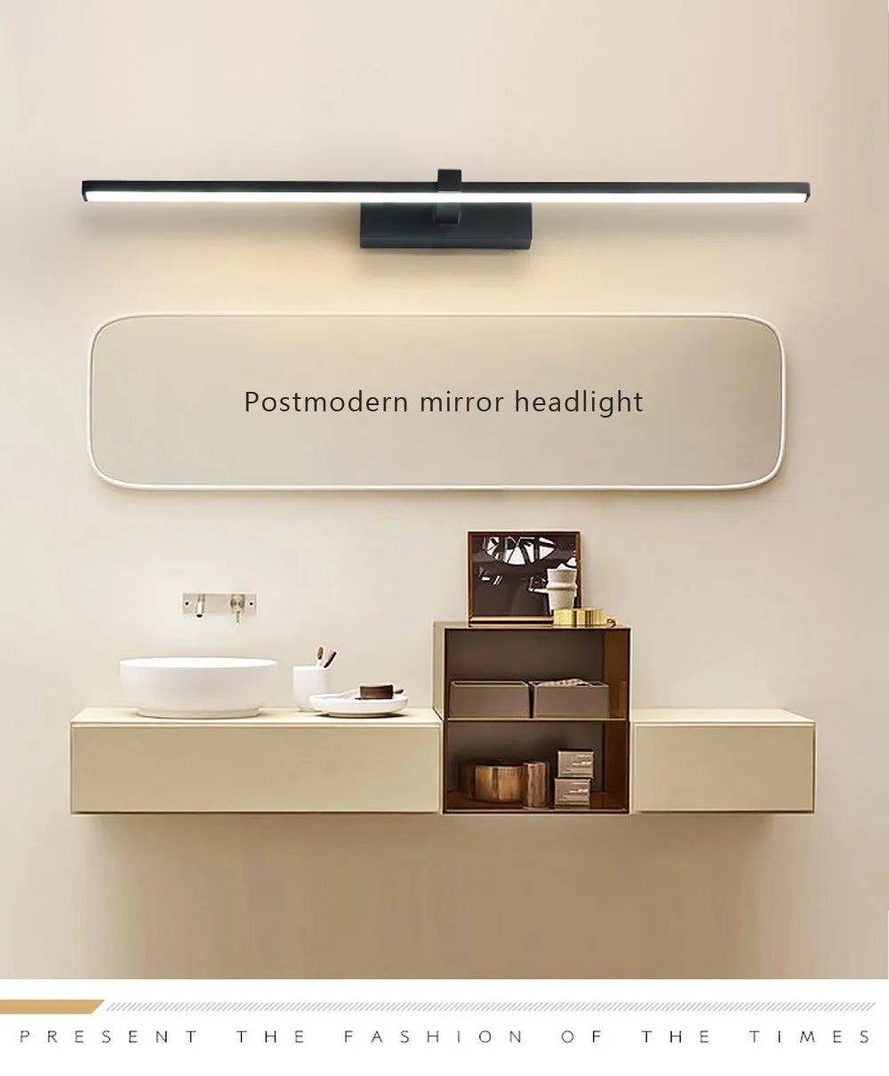 Modern waterproof LED mirror light mounted above a bathroom vanity mirror with bright, even illumination.