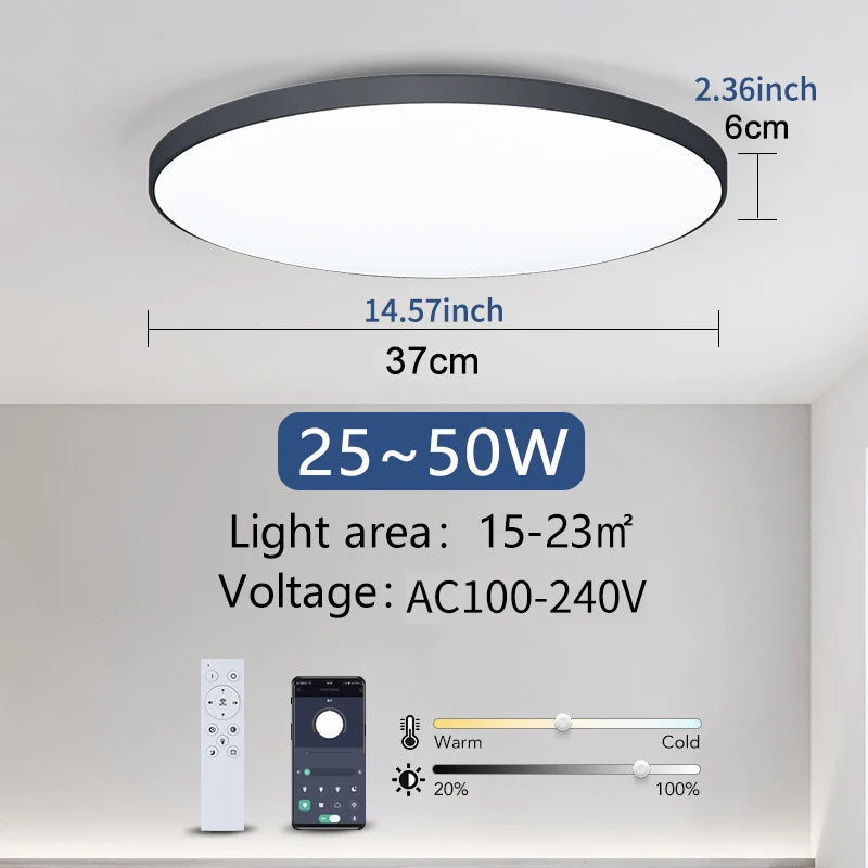 Smart dimmable LED ceiling light with remote control installed in a modern bedroom.
