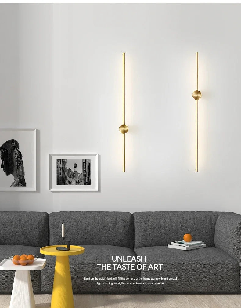 Nordic minimalist LED long wall light installed in a modern hallway with luxury interior décor.