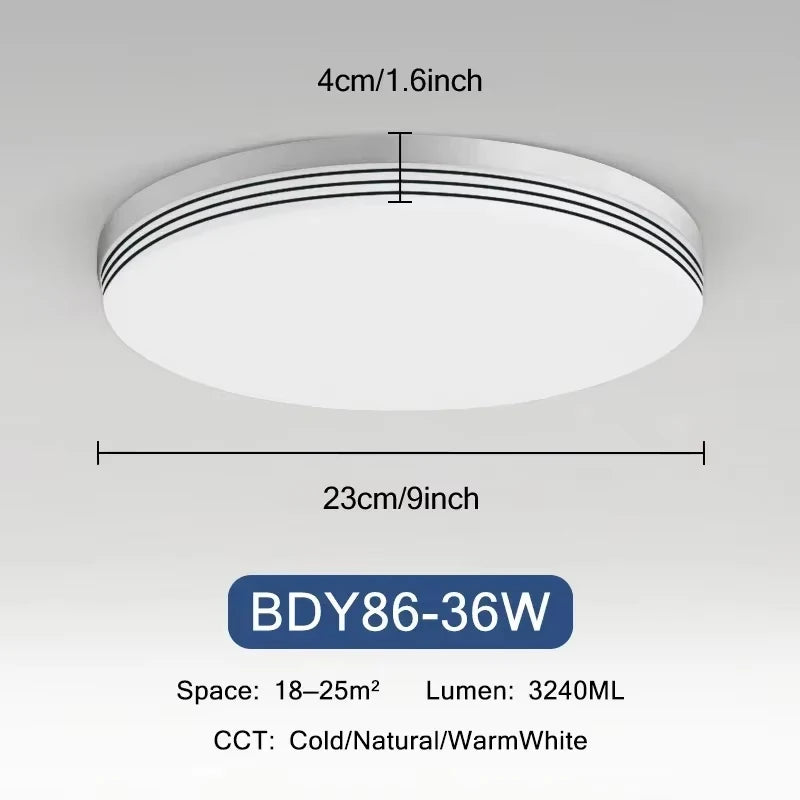 Modern Square LED Ceiling Light dimensions and specifications: 23cm diameter, 4cm height, 3240ML lumen, suitable for various spaces.