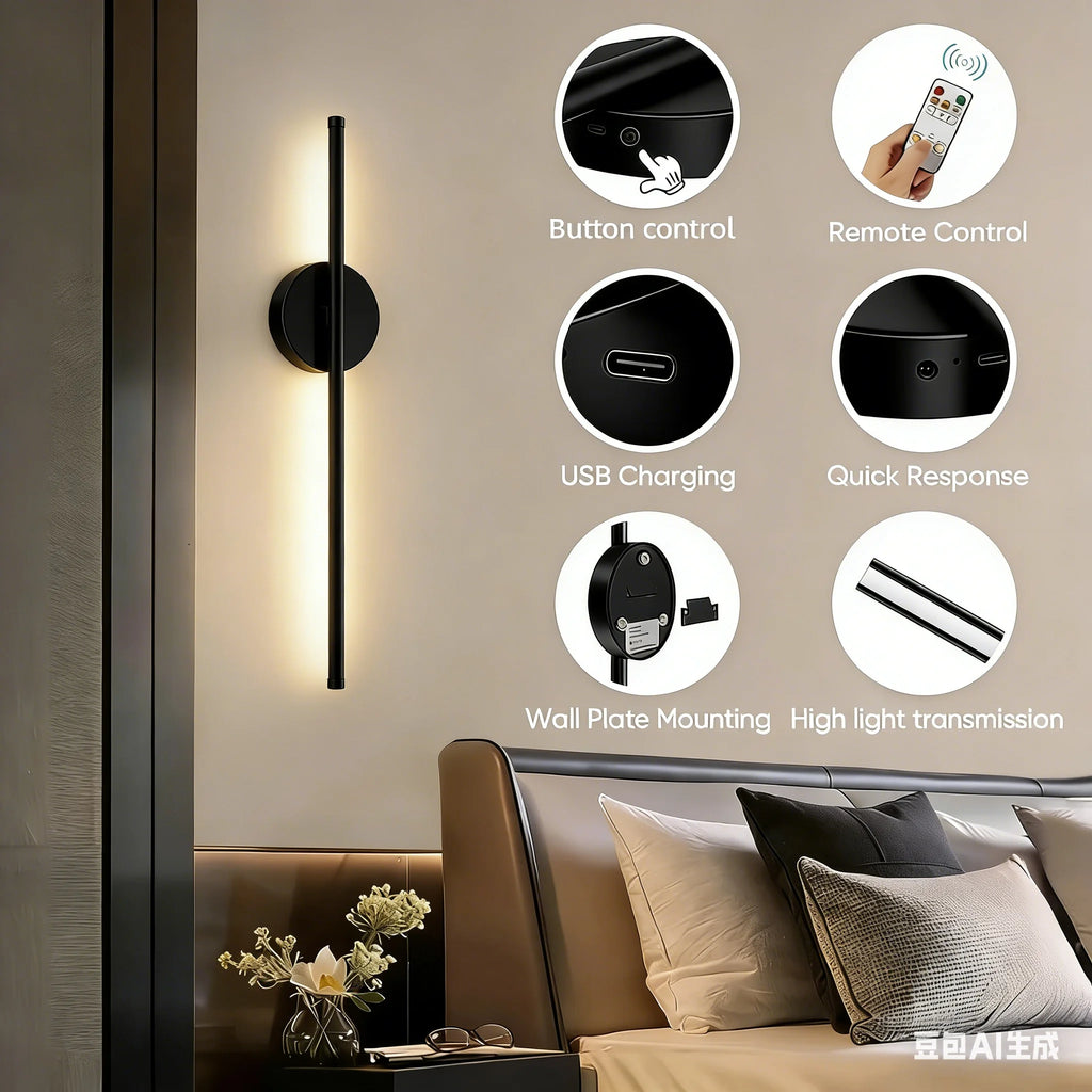 Wireless rechargeable LED wall sconce with remote control mounted beside a modern bedroom bed.