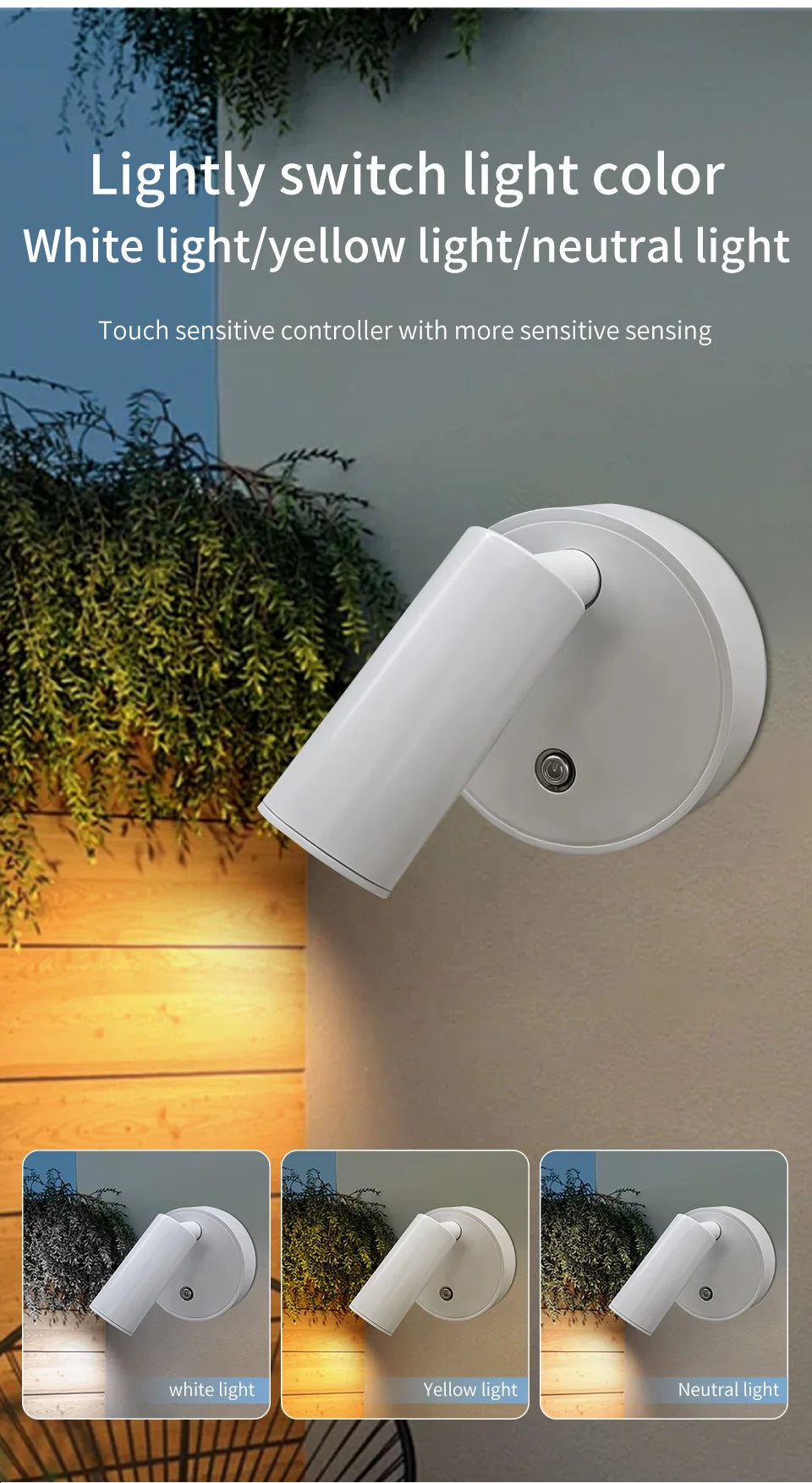 Magnetic rechargeable LED wall light mounted beside a bed with touch control and adjustable brightness.