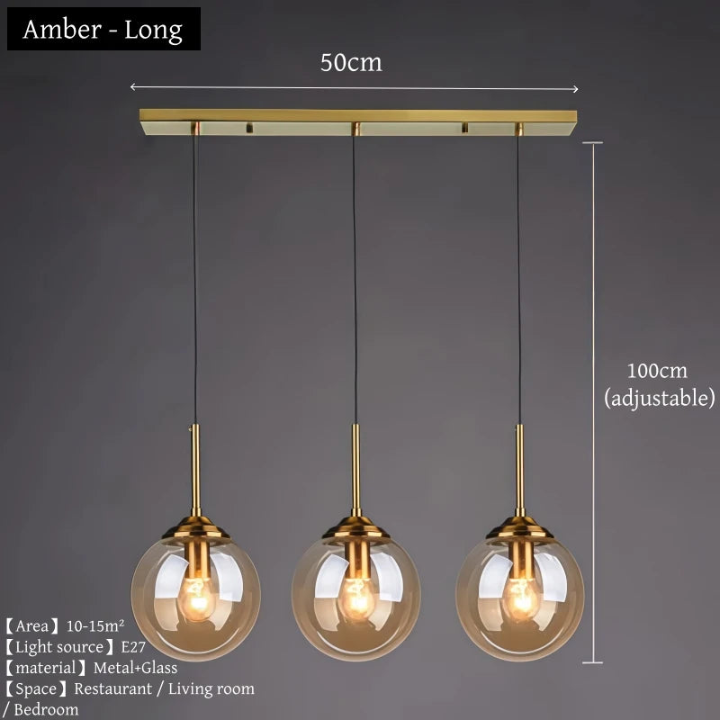 Modern luxury glass LED pendant light hanging above a dining table in a contemporary home.