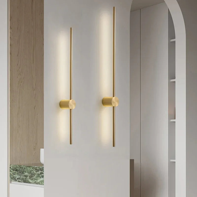 Nordic minimalist LED long wall light installed in a modern hallway with luxury interior décor.