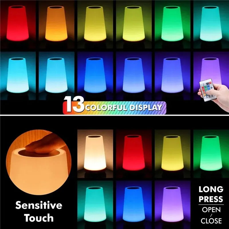 Rechargeable RGB bedside table lamp with touch control and remote displaying multiple colour lighting modes.