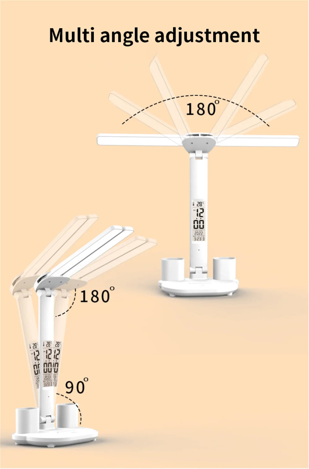 LED Desk Lamp with Clock, Calendar & Touch Dimmable Light USB