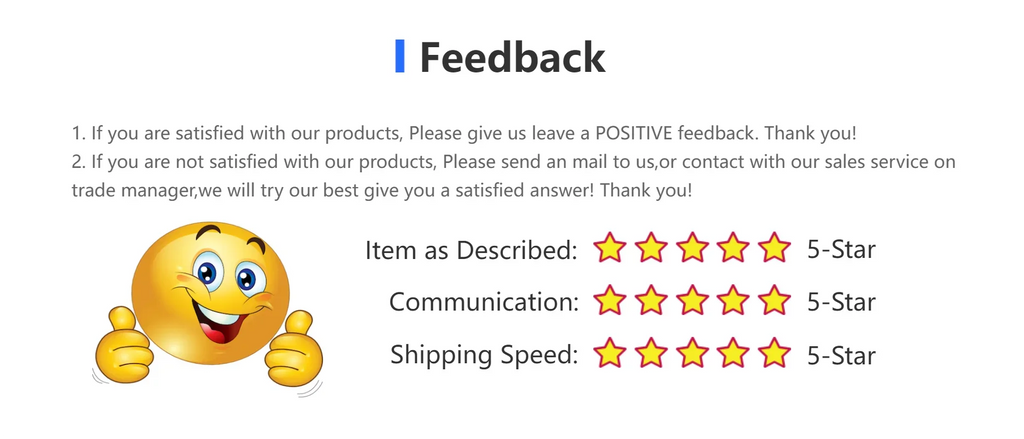 Feedback request graphic featuring a smiling emoji and 5-star ratings for item description, communication, and shipping speed.