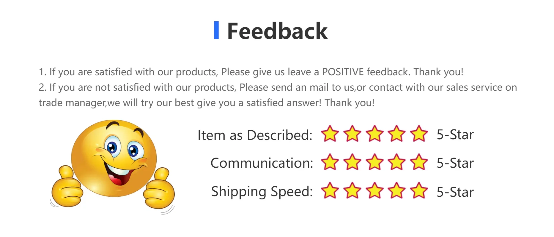 Feedback request graphic featuring a smiling emoji and 5-star ratings for item description, communication, and shipping speed.