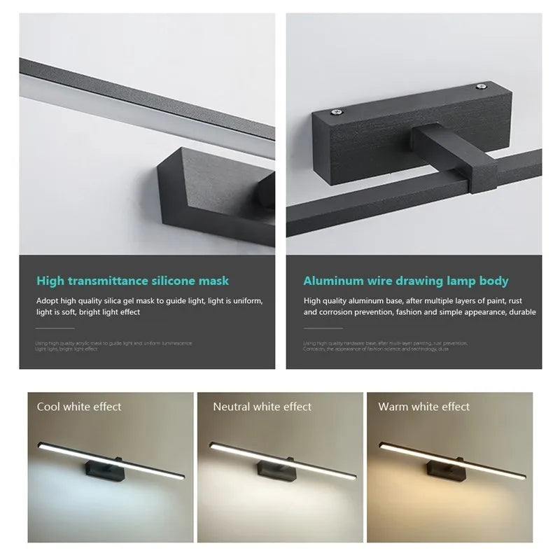 Modern waterproof LED mirror light mounted above a bathroom vanity mirror with bright, even illumination.