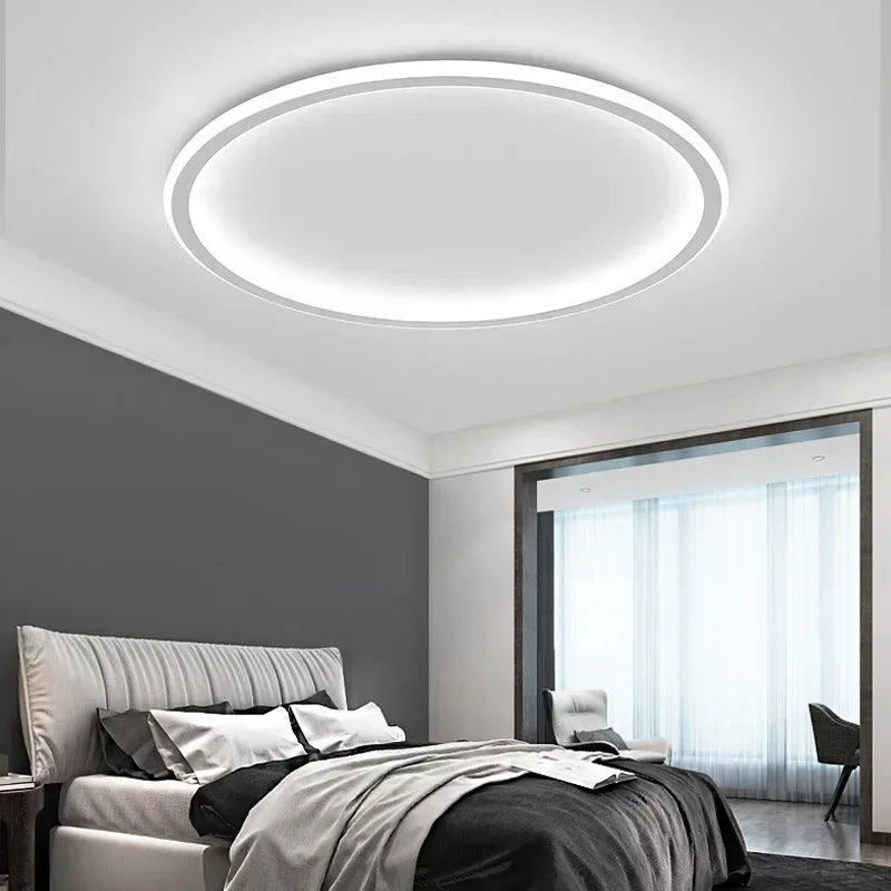 Nordic minimalist LED ceiling light with remote control installed in a modern living room.