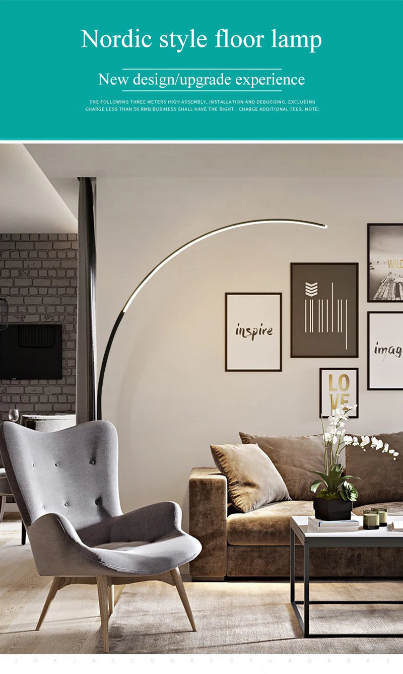 Nordic Modern Arc Shape Floor Lamp Led Dimmable Remote Control Standing Light For Living Room Bedroom Sofa Study Decor Lighting