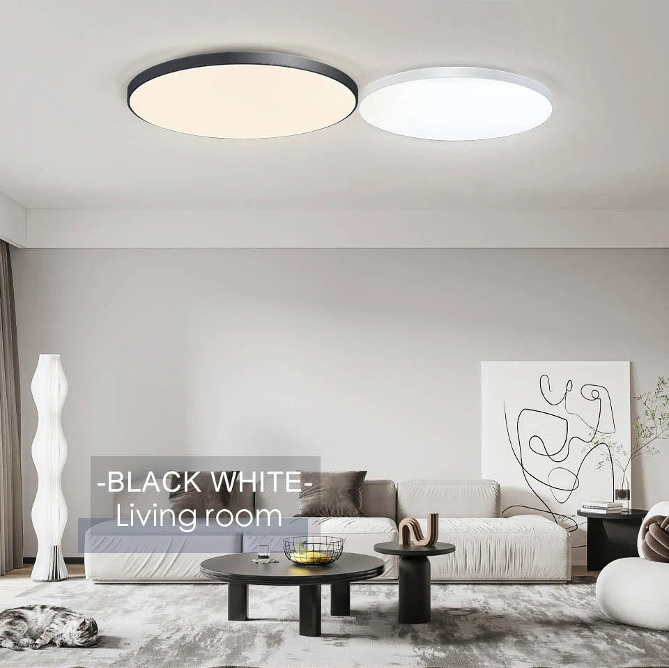 Smart dimmable LED ceiling light with remote control installed in a modern bedroom.