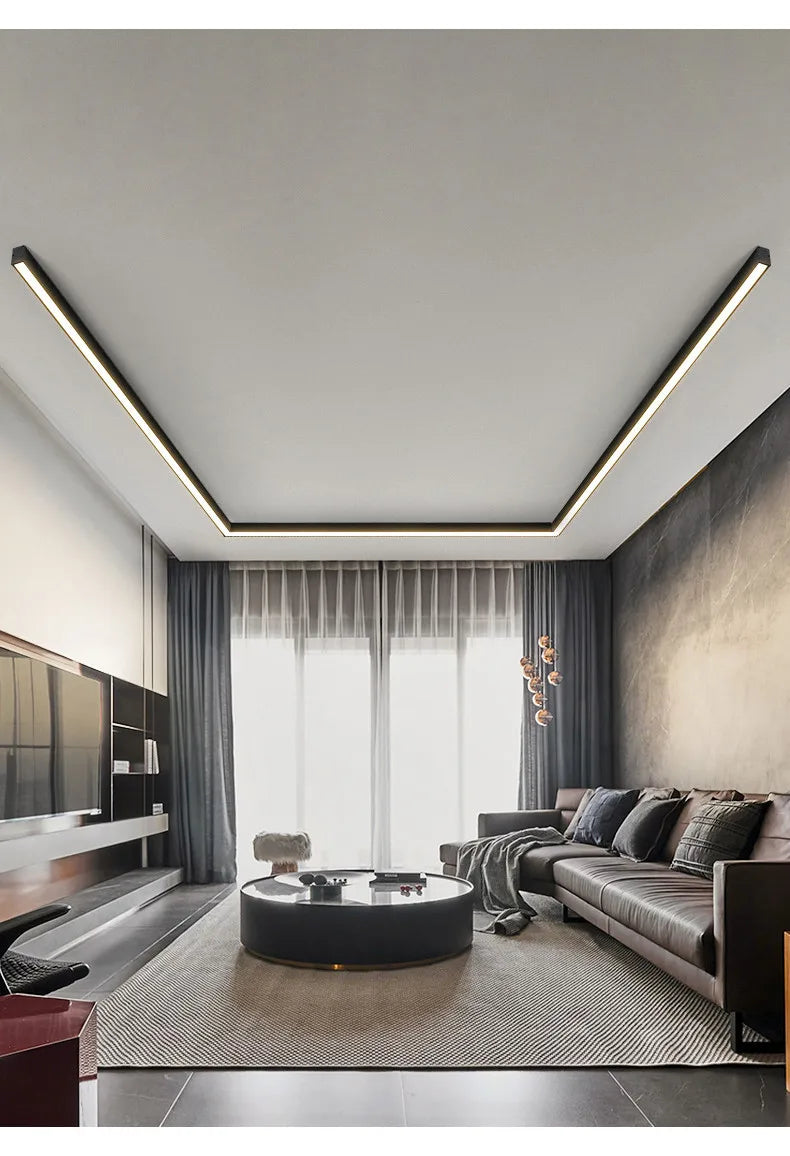Nordic modern LED ceiling light installed in a contemporary living room with minimalist interior décor.
