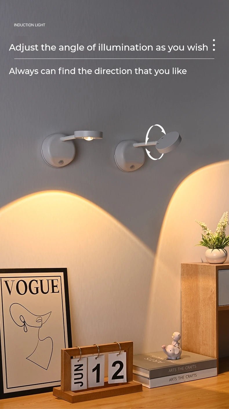 Rechargeable motion sensor LED wall light illuminating a framed artwork in a modern living room.