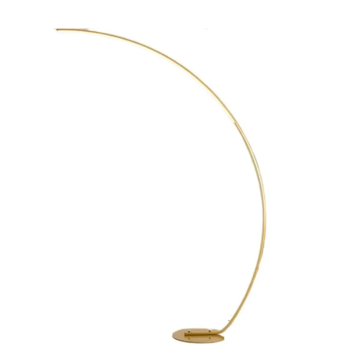 Nordic LED arc floor lamp with a curved design beside a modern sofa in a contemporary living room.