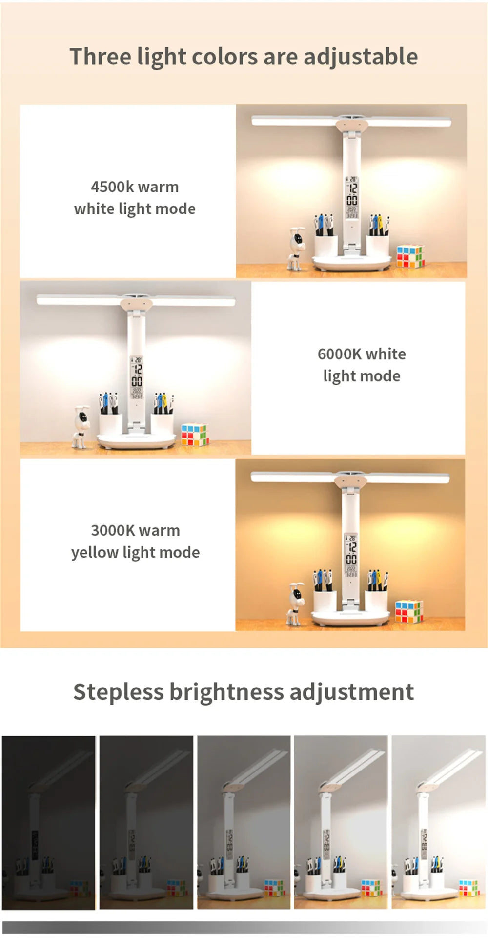 LED Desk Lamp with Clock, Calendar & Touch Dimmable Light USB