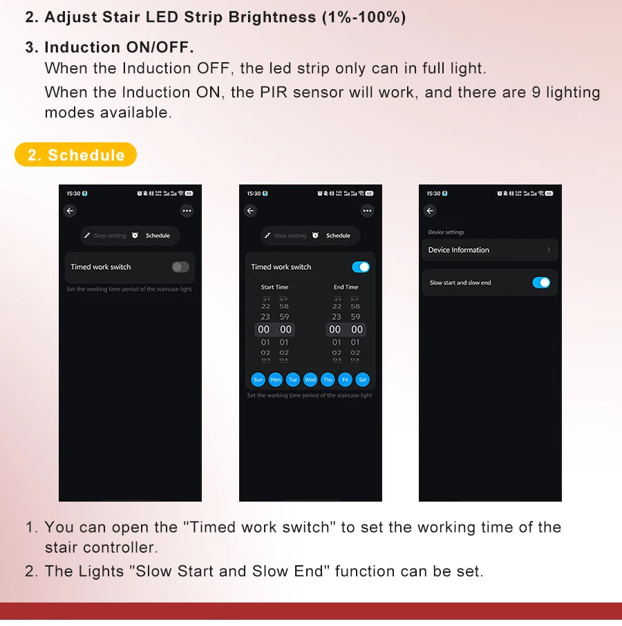 User interface for scheduling and adjusting brightness for the LED stair lighting kit with motion sensor control.