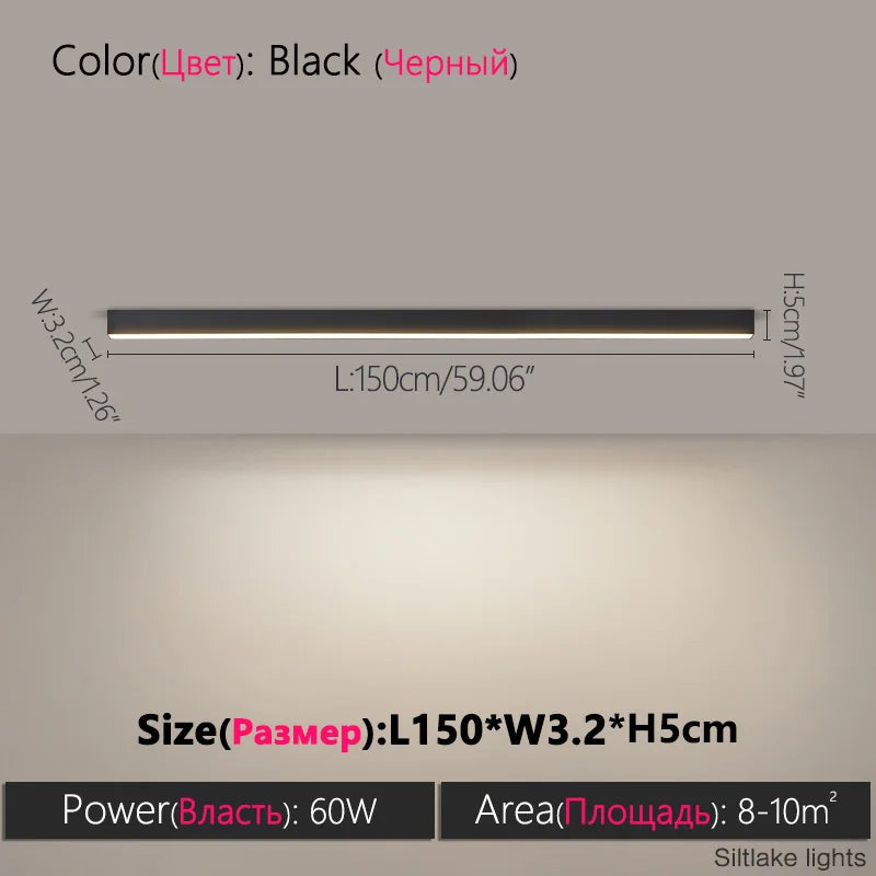 Nordic Modern LED Ceiling Light in Black, dimensions 150x3.2x5 cm, ideal for living room, kitchen, and office illumination.
