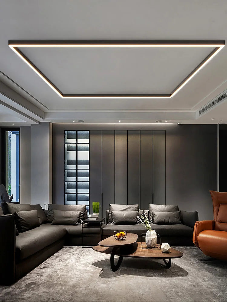 Nordic modern LED ceiling light installed in a contemporary living room with minimalist interior décor.