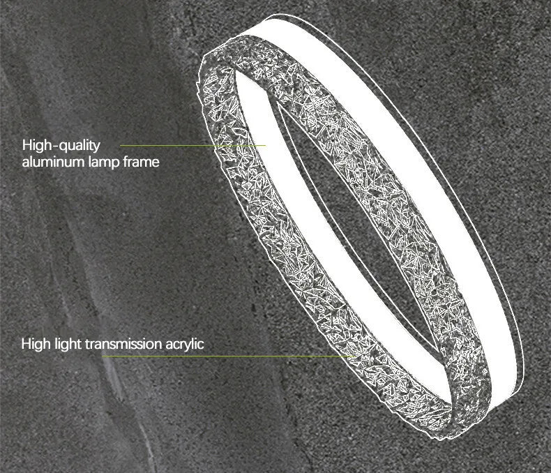 Modern luxe LED ring chandelier suspended in a contemporary living room with elegant minimalist décor.
