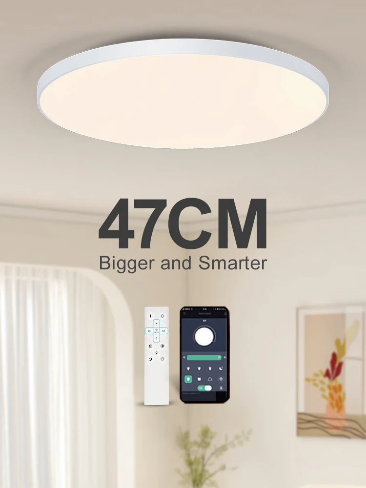 Smart dimmable LED ceiling light with remote control installed in a modern bedroom.