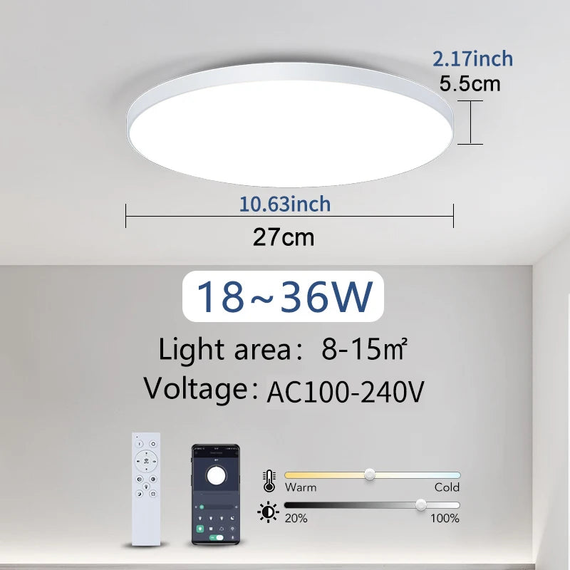 Smart dimmable LED ceiling light with remote control installed in a modern bedroom.