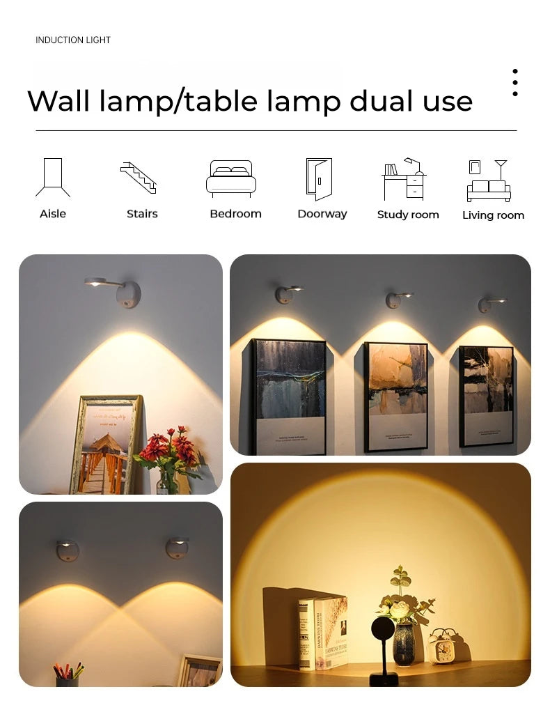 Rechargeable motion sensor LED wall light illuminating a framed artwork in a modern living room.