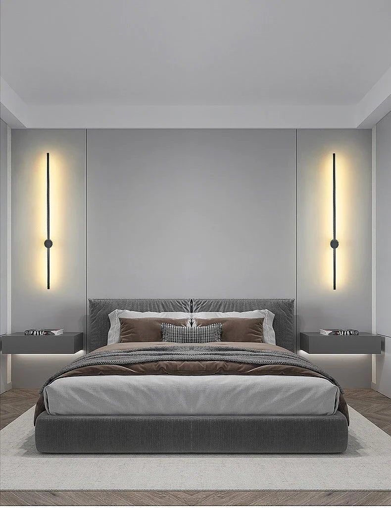 Nordic minimalist LED long wall light installed in a modern hallway with luxury interior décor.