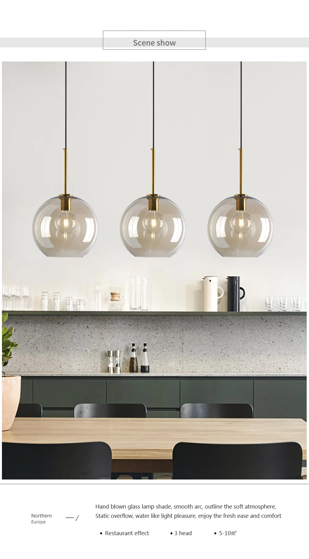 Nordic glass pendant light suspended above a kitchen island in a modern Scandinavian-inspired home.