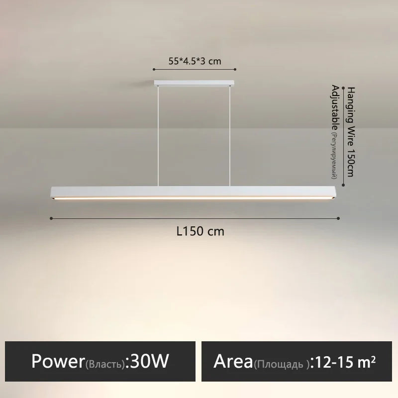Modern Linear LED Pendant Light dimensions and specifications, adjustable hanging wire and power details