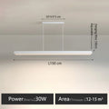 Modern Linear LED Pendant Light dimensions and specifications, adjustable hanging wire and power details