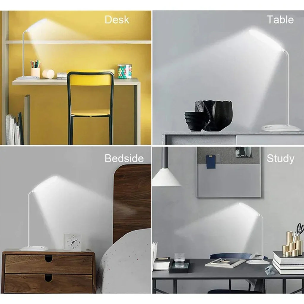 Modern LED eye care desk lamp with USB charging and touch dimming on a study desk.