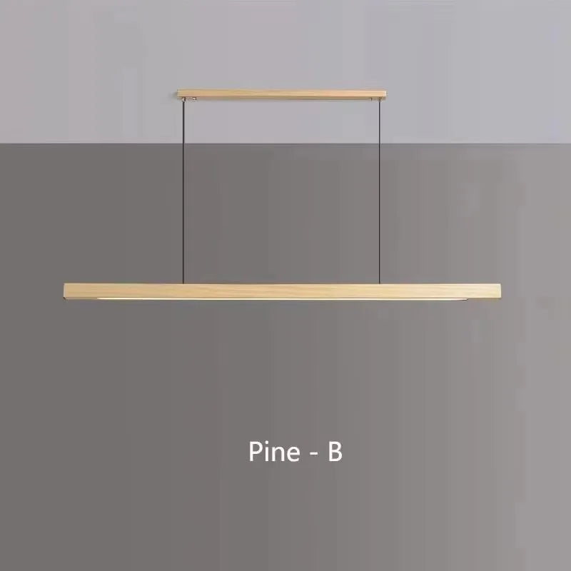 Modern walnut wood LED pendant light suspended above a kitchen island in a contemporary Scandinavian-style home.