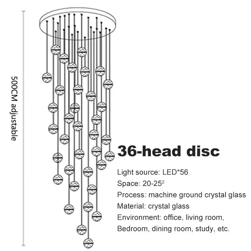Modern spiral crystal LED chandelier cascading down a luxury staircase in a contemporary home.
