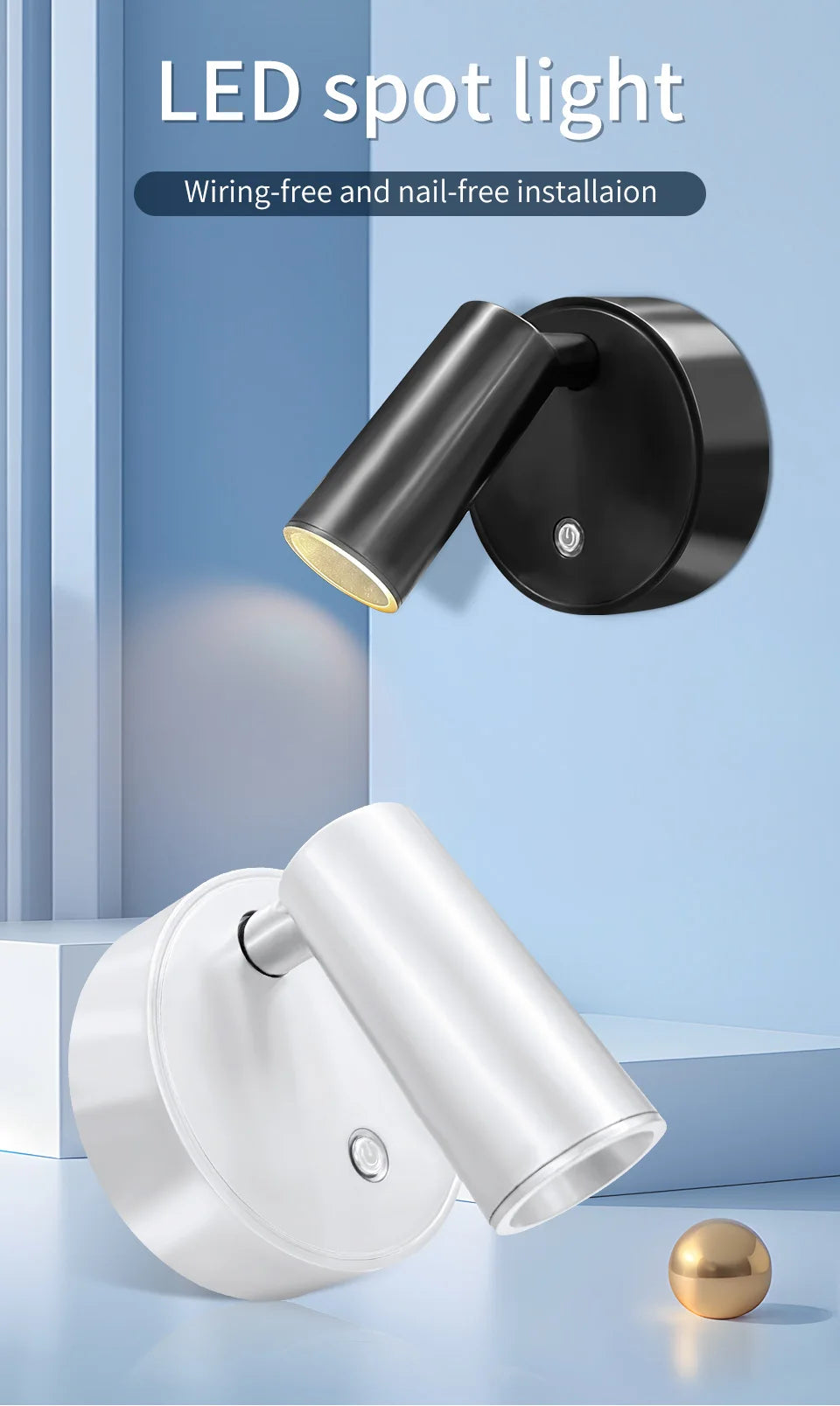 Magnetic rechargeable LED wall light mounted beside a bed with touch control and adjustable brightness.