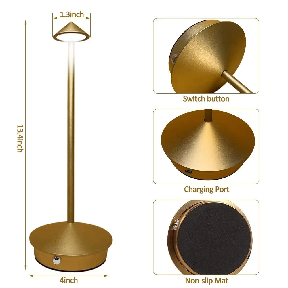 Rechargeable touch LED table lamp placed on a modern dining table in a stylish café-inspired interior.