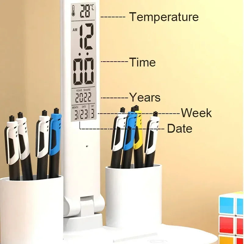 LED Desk Lamp with Clock, Calendar & Touch Dimmable Light USB