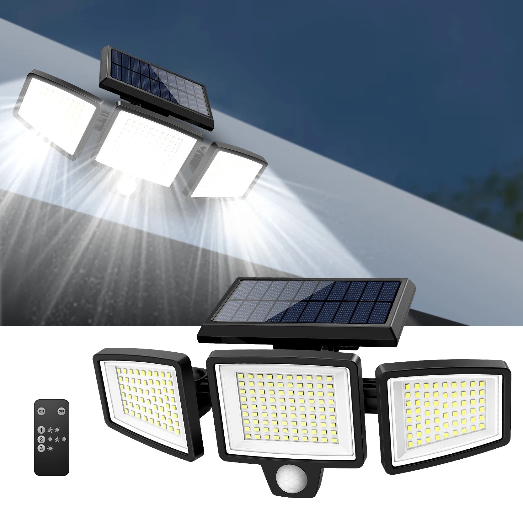 Solar Motion Sensor Security Light Outdoor Waterproof 3 Head LED
