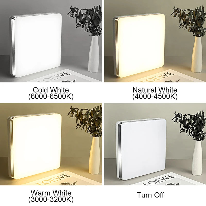 Modern Square LED Ceiling Light in Cold White, Natural White, Warm White, and Off settings with stylish decor.