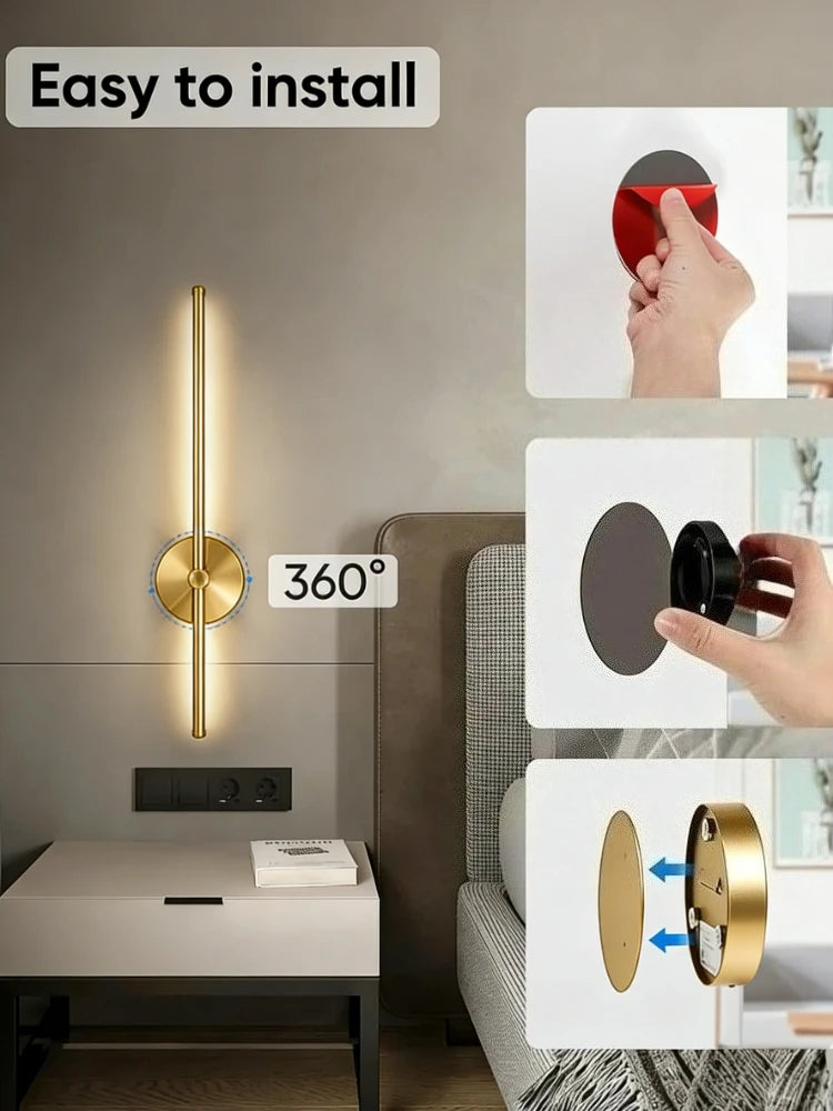 Wireless rechargeable LED wall sconce with remote control mounted beside a modern bedroom bed.
