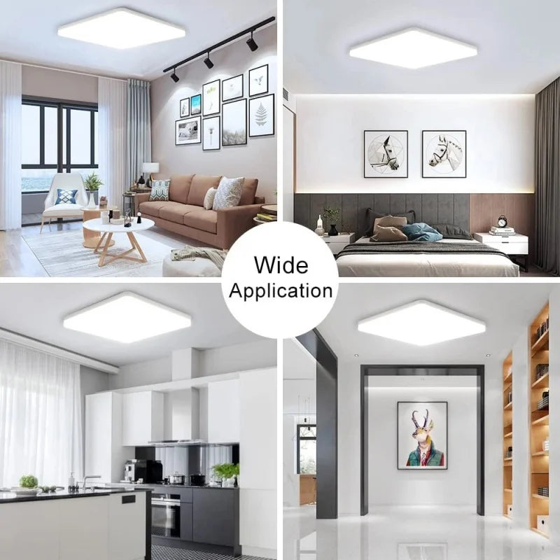 Modern LED flush mount ceiling light installed in a stylish living room with bright energy-efficient illumination.